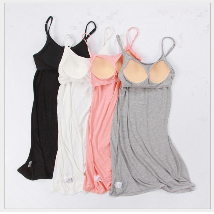 【台灣現貨】罩杯一體莫代爾無鋼圈性感細肩帶睡裙 睡衣/連身裙/居家服/打底裙帶胸墊 /許願花園-細節圖3