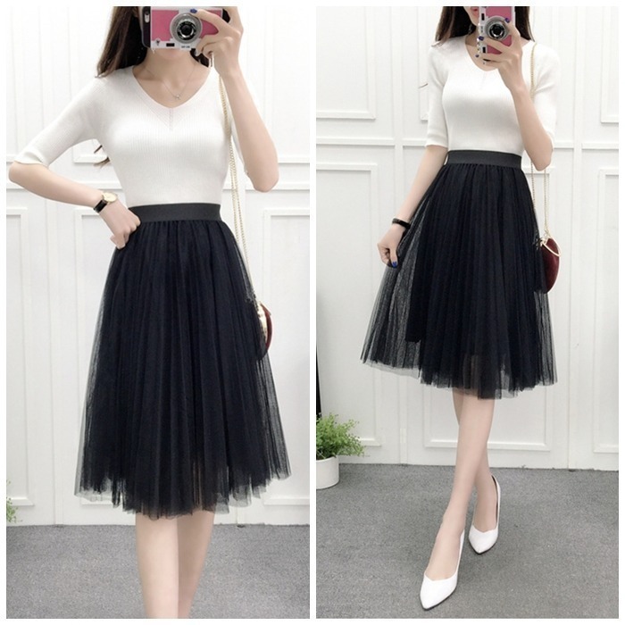 【台灣現貨】三層氣質網紗裙 百褶蓬蓬裙 沙灘裙子 及膝裙 半長裙 紗裙 /許願花園-細節圖2