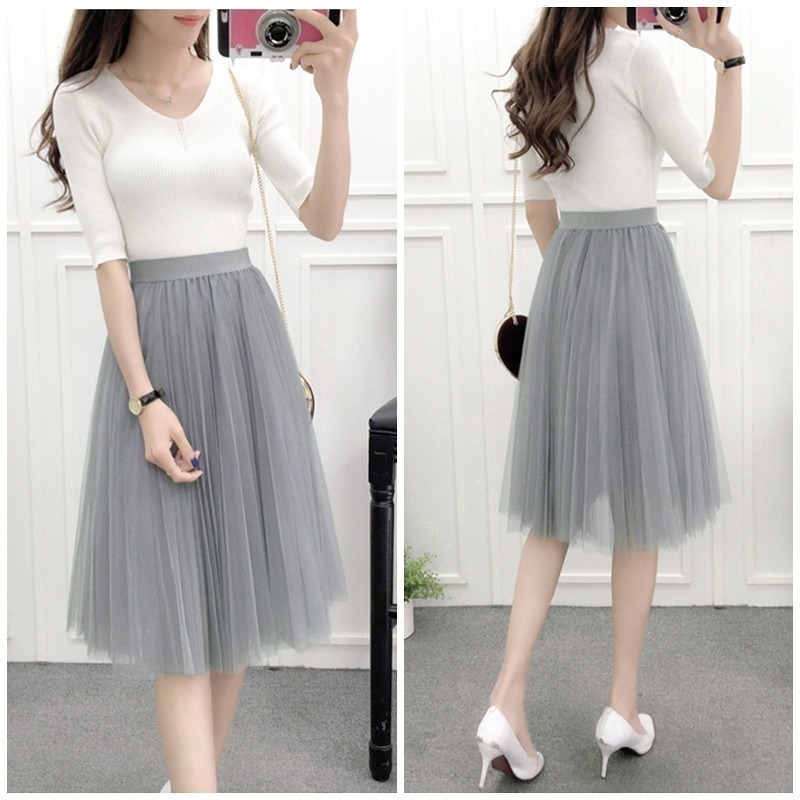 【台灣現貨】三層氣質網紗裙 百褶蓬蓬裙 沙灘裙子 及膝裙 半長裙 紗裙 /許願花園-細節圖7