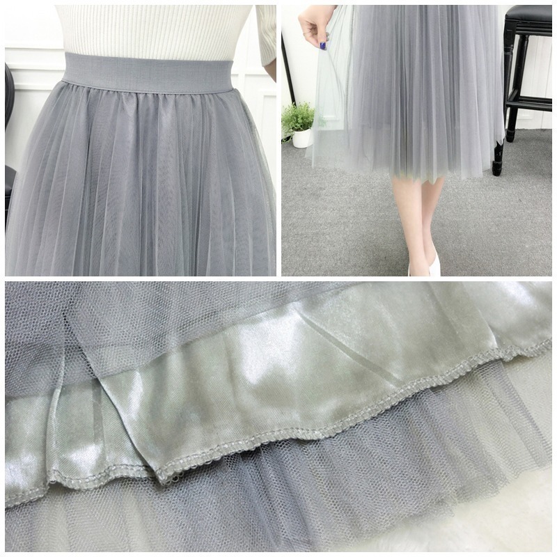 【台灣現貨】三層氣質網紗裙 百褶蓬蓬裙 沙灘裙子 及膝裙 半長裙 紗裙 /許願花園-細節圖9