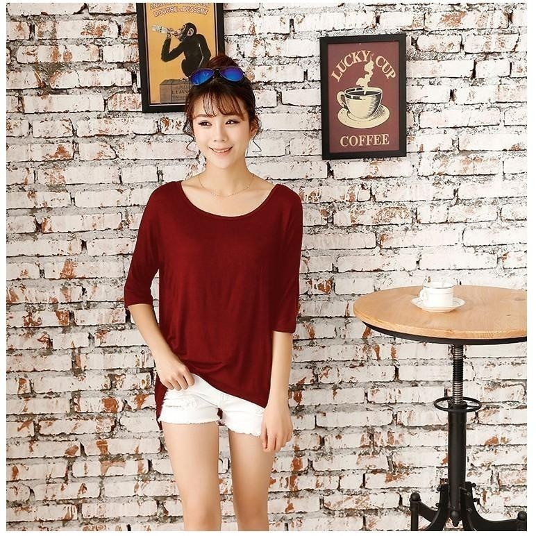 【台灣現貨】莫代爾T恤 女五分袖寬鬆素色前短後長大碼打底衫 蝙蝠衫 /許願花園-細節圖5