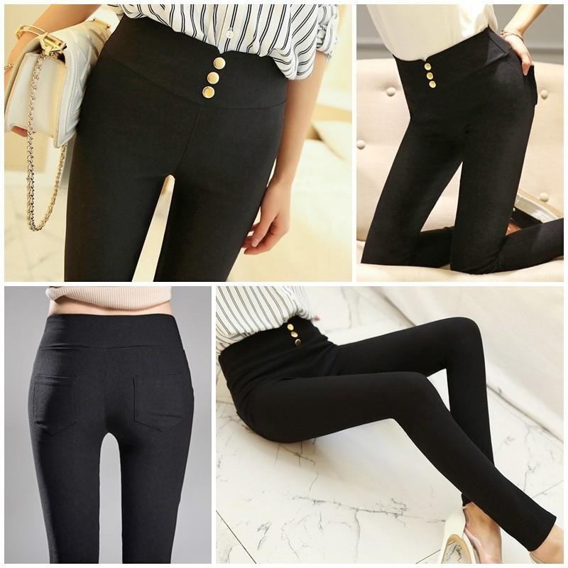 【台灣現貨】韓版顯瘦高腰彈力鈕扣口袋九分褲 長褲 內搭褲 緊身褲 鉛筆褲 小腳褲 大碼 /許願花園-細節圖5