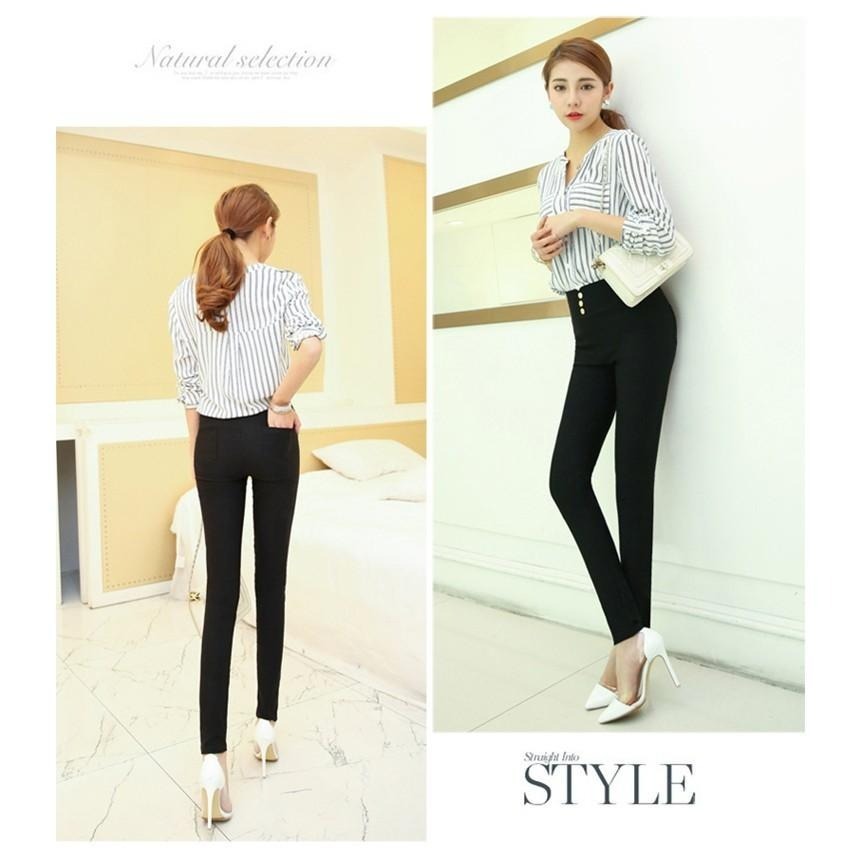 【台灣現貨】韓版顯瘦高腰彈力鈕扣口袋九分褲 長褲 內搭褲 緊身褲 鉛筆褲 小腳褲 大碼 /許願花園-細節圖6