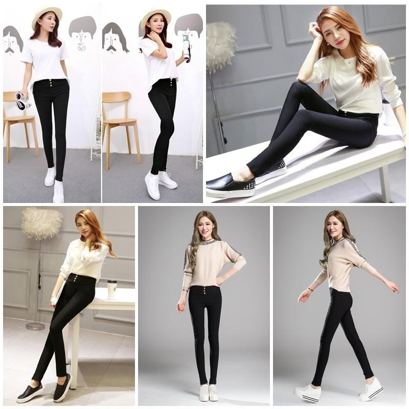 【台灣現貨】韓版顯瘦高腰彈力鈕扣口袋九分褲 長褲 內搭褲 緊身褲 鉛筆褲 小腳褲 大碼 /許願花園-細節圖7