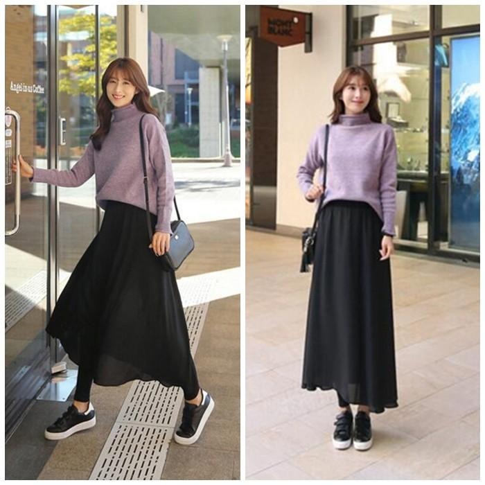 【台灣現貨】假兩件透氣雪紡莫代爾褲裙 雪紡裙 休閒長裙 大擺裙 褲子 /許願花園-細節圖4