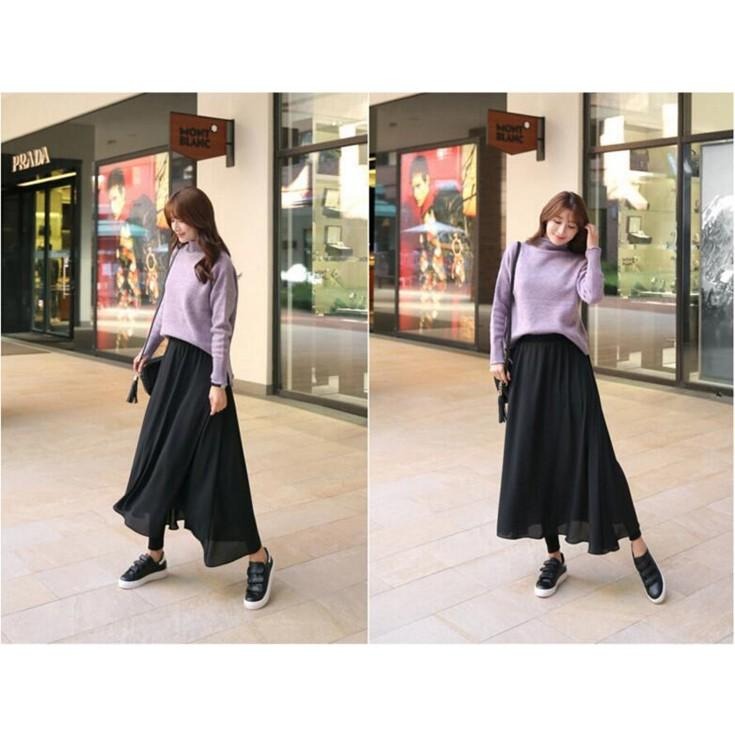 【台灣現貨】假兩件透氣雪紡莫代爾褲裙 雪紡裙 休閒長裙 大擺裙 褲子 /許願花園-細節圖5