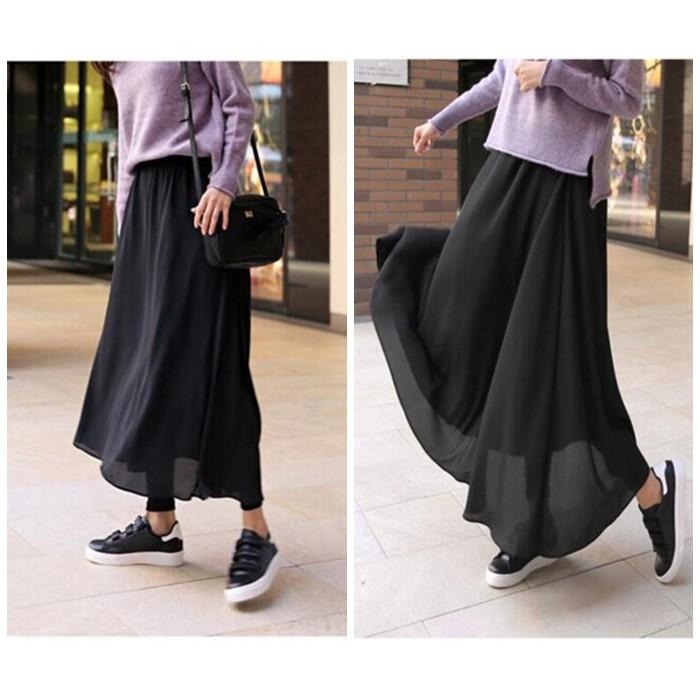 【台灣現貨】假兩件透氣雪紡莫代爾褲裙 雪紡裙 休閒長裙 大擺裙 褲子 /許願花園-細節圖6