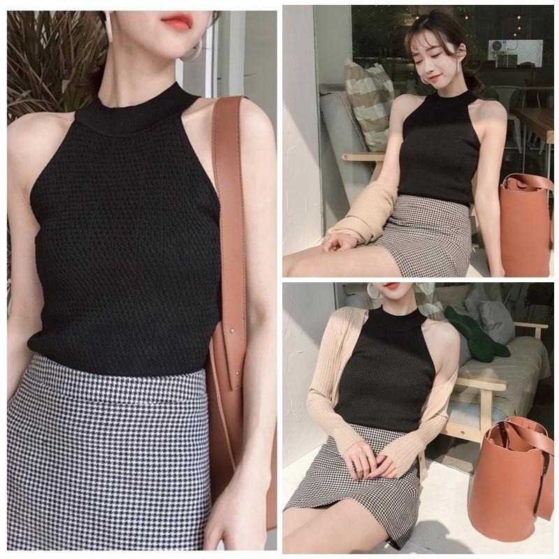 【台灣現貨】性感顯瘦短版針織削肩背心 露肩無袖套頭上衣 /許願花園-細節圖2