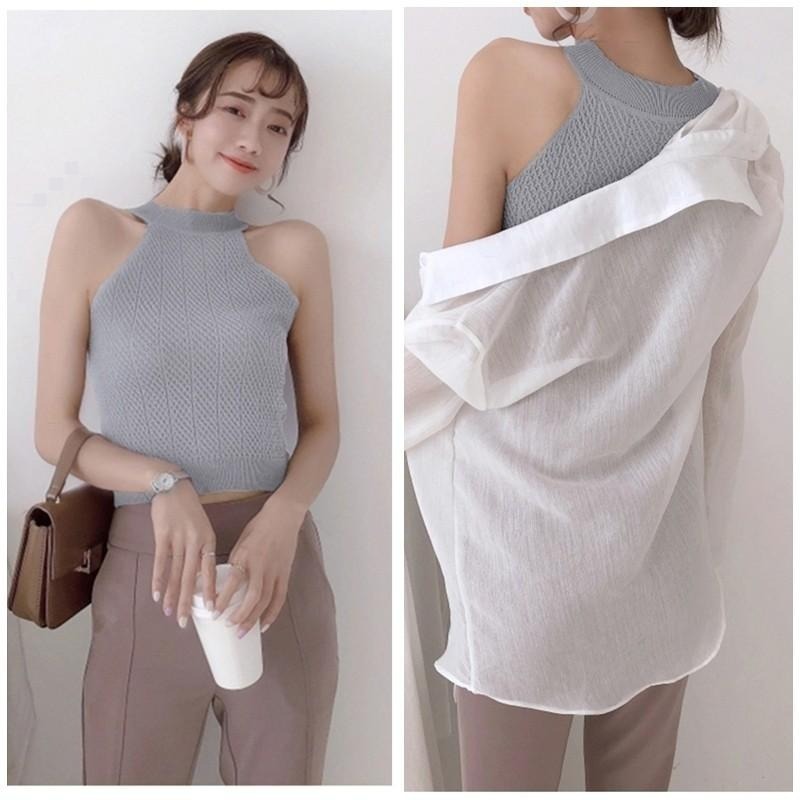 【台灣現貨】性感顯瘦短版針織削肩背心 露肩無袖套頭上衣 /許願花園-細節圖3