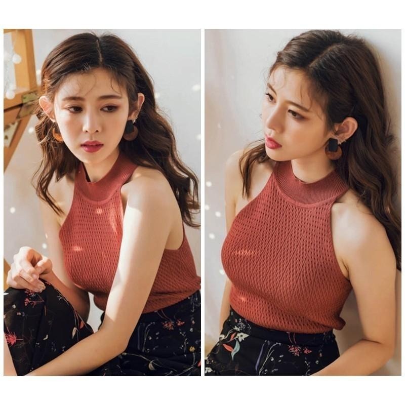 【台灣現貨】性感顯瘦短版針織削肩背心 露肩無袖套頭上衣 /許願花園-細節圖6