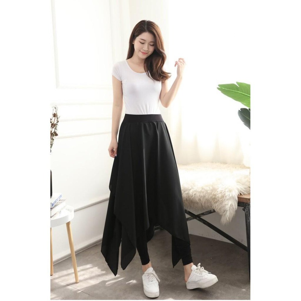 【台灣現貨】假兩件不規則透氣雪紡莫代爾褲裙 雪紡裙 休閒長裙 大擺裙 褲子 /許願花園-細節圖2