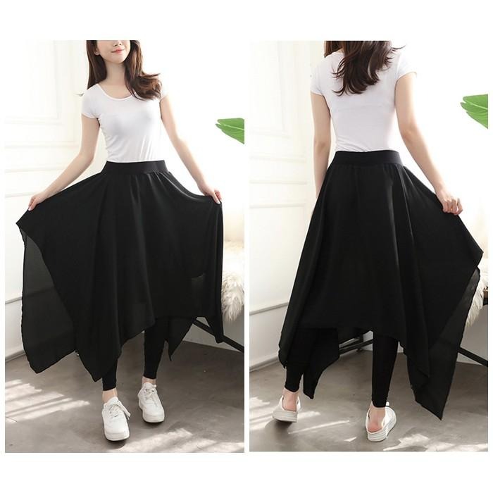 【台灣現貨】假兩件不規則透氣雪紡莫代爾褲裙 雪紡裙 休閒長裙 大擺裙 褲子 /許願花園-細節圖5