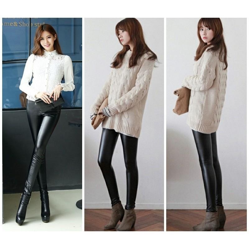 【台灣現貨】高腰薄款皮褲 韓版OL百搭修身超顯瘦內搭褲 九分褲 PU仿皮打底褲 /許願花園-細節圖7