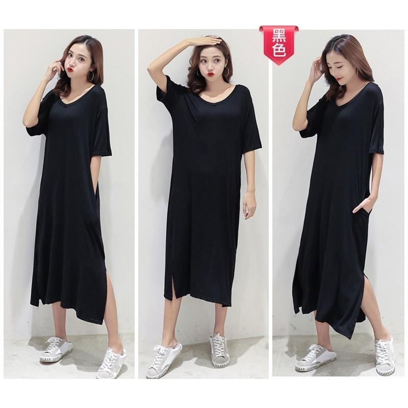 【台灣現貨】莫代爾寬鬆開叉口袋V領連身裙 短袖休閒大碼長裙 孕婦也可穿 /許願花園-細節圖2