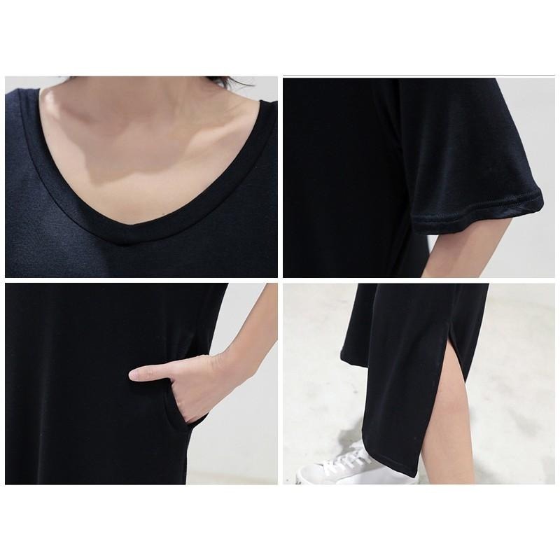 【台灣現貨】莫代爾寬鬆開叉口袋V領連身裙 短袖休閒大碼長裙 孕婦也可穿 /許願花園-細節圖3