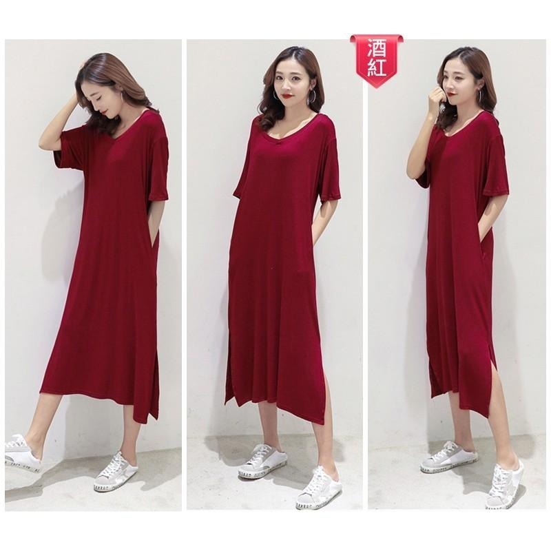 【台灣現貨】莫代爾寬鬆開叉口袋V領連身裙 短袖休閒大碼長裙 孕婦也可穿 /許願花園-細節圖4