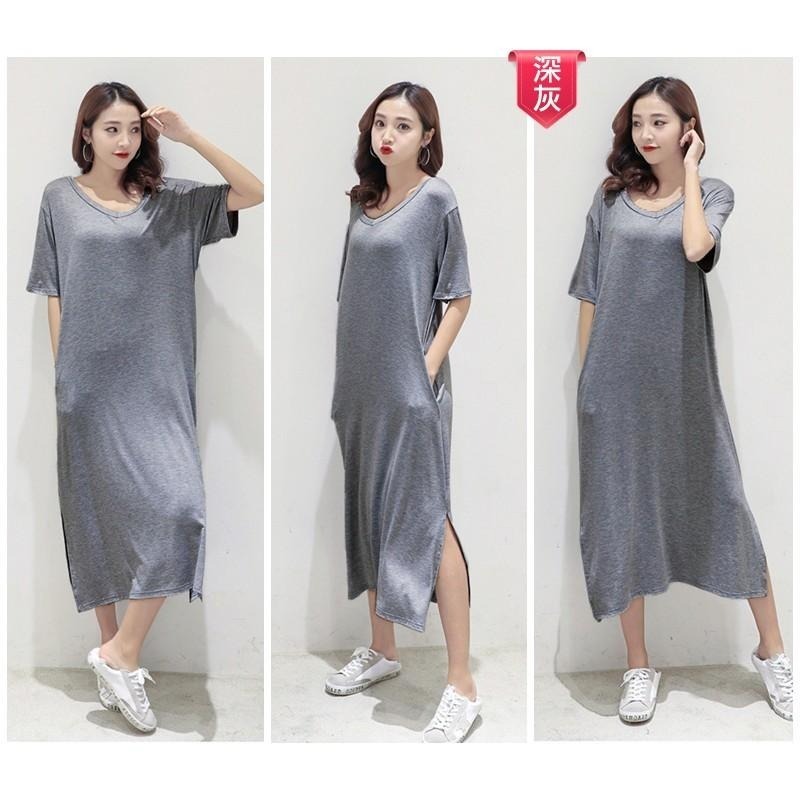 【台灣現貨】莫代爾寬鬆開叉口袋V領連身裙 短袖休閒大碼長裙 孕婦也可穿 /許願花園-細節圖5