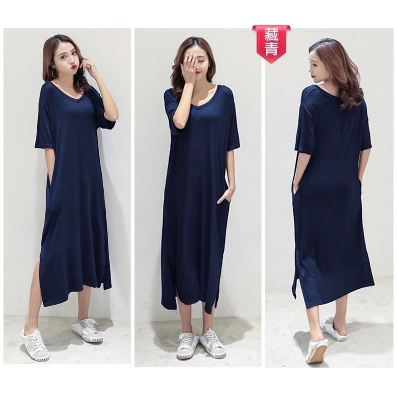 【台灣現貨】莫代爾寬鬆開叉口袋V領連身裙 短袖休閒大碼長裙 孕婦也可穿 /許願花園-細節圖6