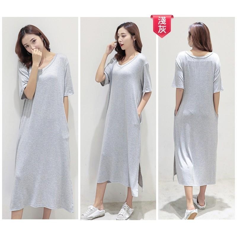 【台灣現貨】莫代爾寬鬆開叉口袋V領連身裙 短袖休閒大碼長裙 孕婦也可穿 /許願花園-細節圖7