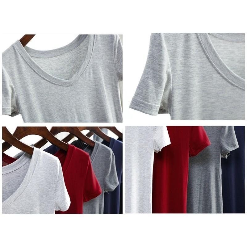 【台灣現貨】莫代爾寬鬆開叉口袋V領連身裙 短袖休閒大碼長裙 孕婦也可穿 /許願花園-細節圖8