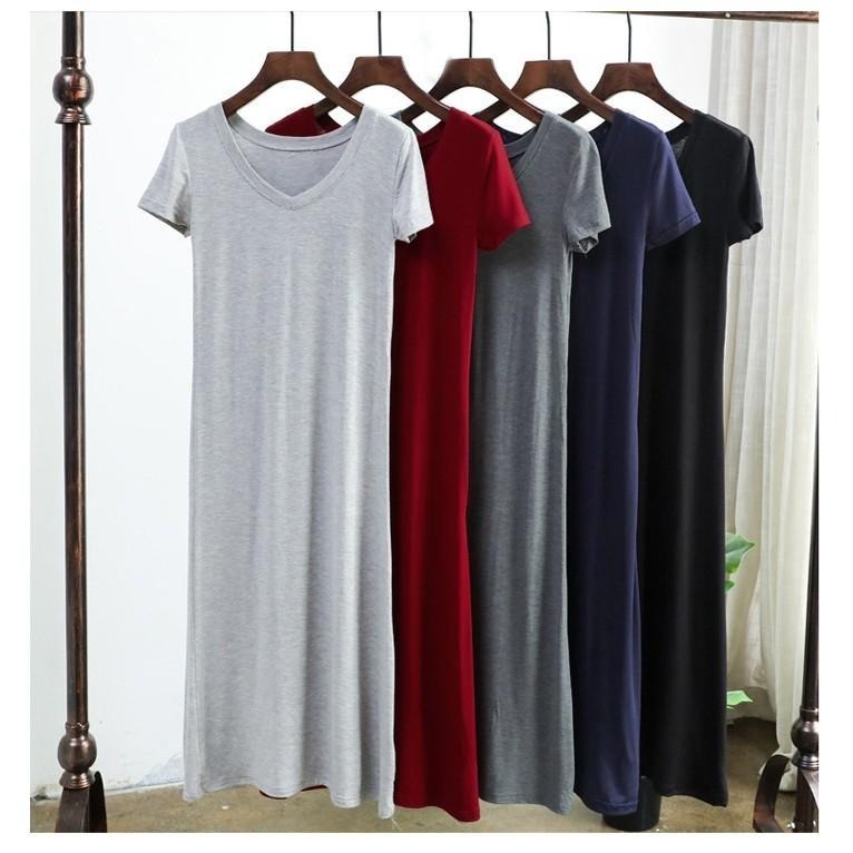 【台灣現貨】莫代爾寬鬆開叉口袋V領連身裙 短袖休閒大碼長裙 孕婦也可穿 /許願花園-細節圖9