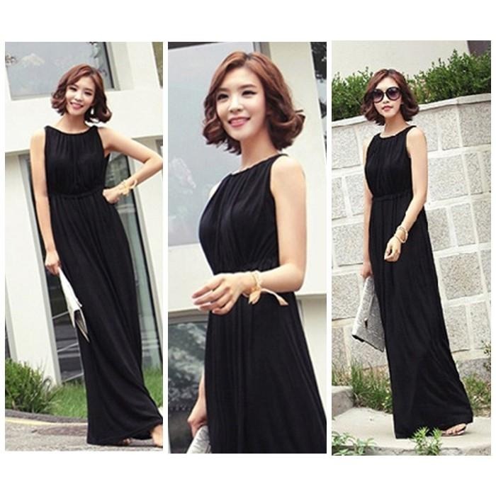 【台灣現貨】莫代爾抽繩綁帶顯瘦收腰無袖連身裙 背心大擺長裙洋裝 孕婦也適合 /許願花園-細節圖2