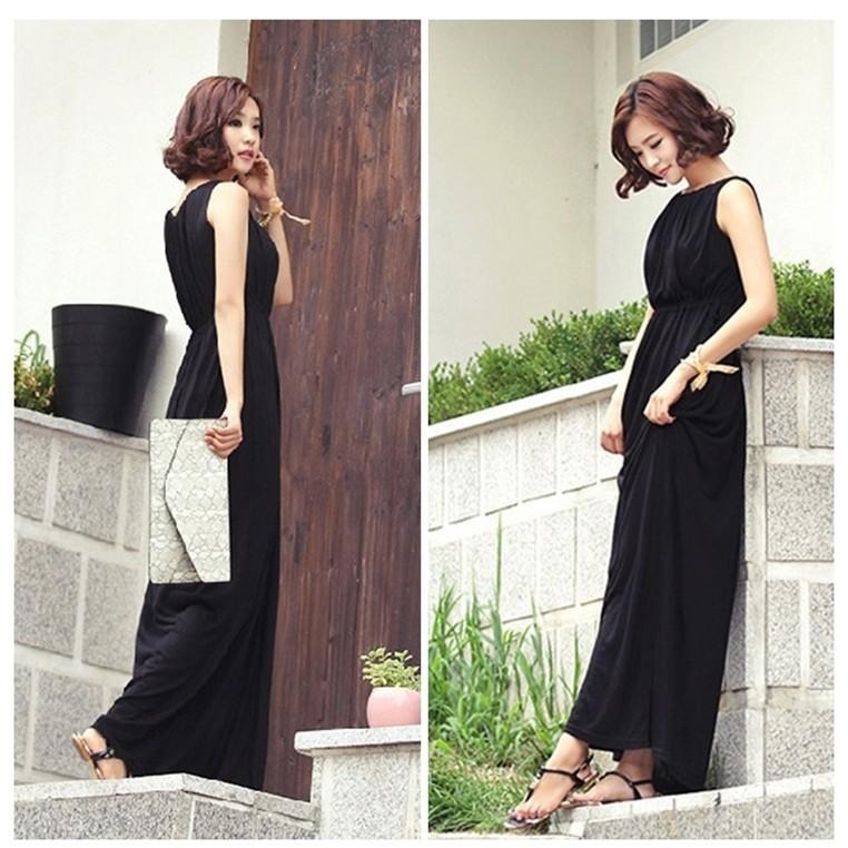 【台灣現貨】莫代爾抽繩綁帶顯瘦收腰無袖連身裙 背心大擺長裙洋裝 孕婦也適合 /許願花園-細節圖3