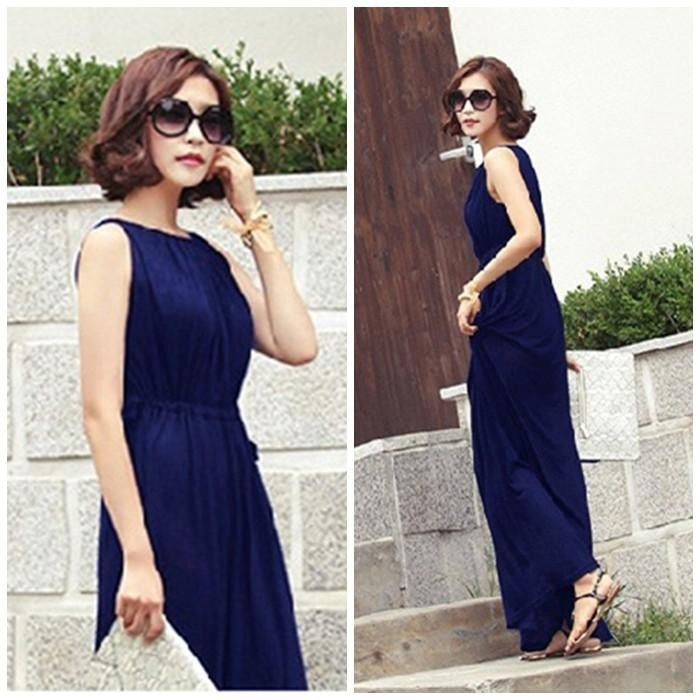 【台灣現貨】莫代爾抽繩綁帶顯瘦收腰無袖連身裙 背心大擺長裙洋裝 孕婦也適合 /許願花園-細節圖5