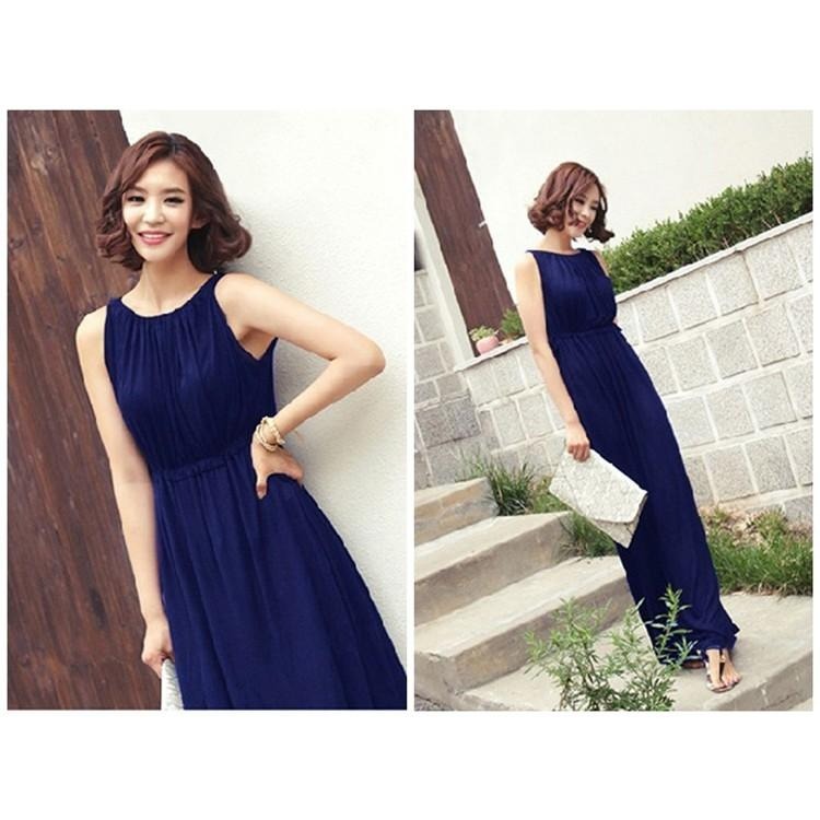 【台灣現貨】莫代爾抽繩綁帶顯瘦收腰無袖連身裙 背心大擺長裙洋裝 孕婦也適合 /許願花園-細節圖6