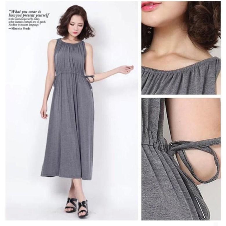 【台灣現貨】莫代爾抽繩綁帶顯瘦收腰無袖連身裙 背心大擺長裙洋裝 孕婦也適合 /許願花園-細節圖7