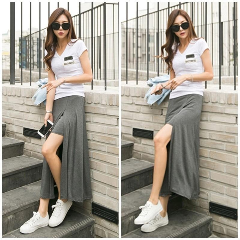 【台灣現貨】莫代爾開叉高腰長裙 褲裙 大擺裙 A字裙 半身裙 /許願花園-細節圖3