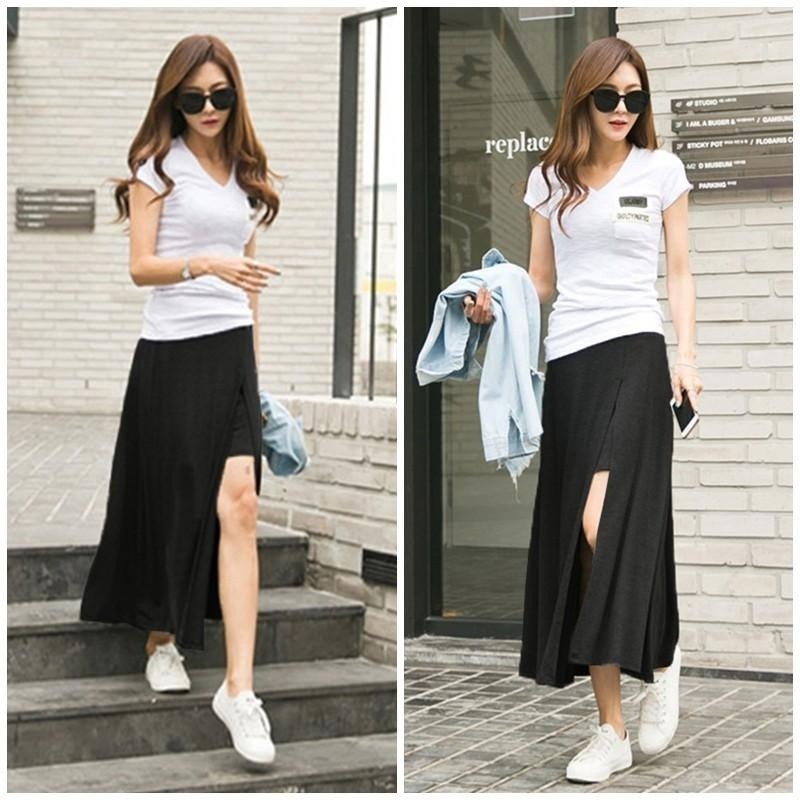 【台灣現貨】莫代爾開叉高腰長裙 褲裙 大擺裙 A字裙 半身裙 /許願花園-細節圖5