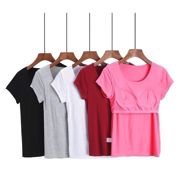 【台灣現貨】莫代爾無鋼圈Bra短袖T恤 罩杯一體上衣 居家服 免穿內衣 /許願花園-細節圖2