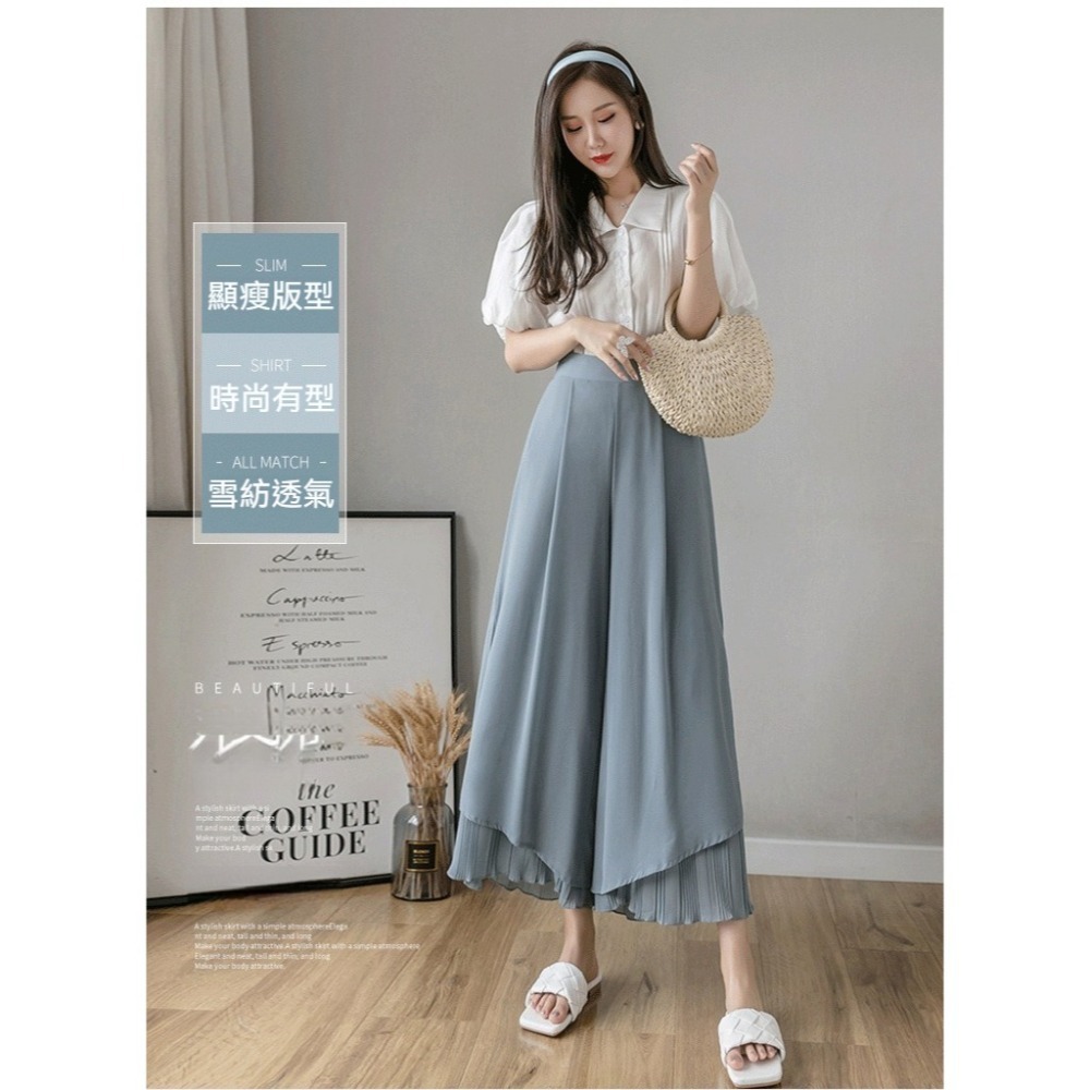 【許願花園】寬鬆百褶雪紡褲裙 鬆緊腰闊腿褲 寬褲 長褲-細節圖2