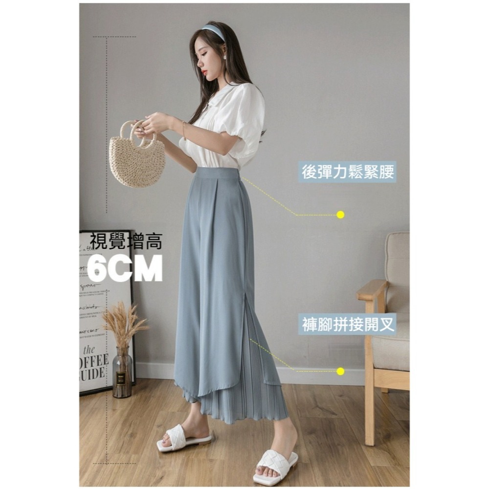 【許願花園】寬鬆百褶雪紡褲裙 鬆緊腰闊腿褲 寬褲 長褲-細節圖3
