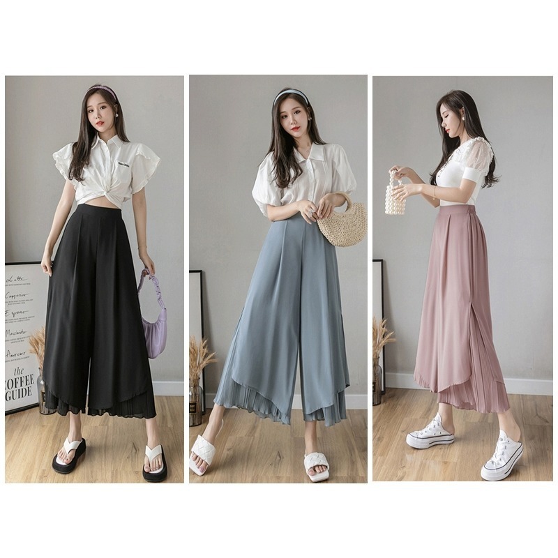 【許願花園】寬鬆百褶雪紡褲裙 鬆緊腰闊腿褲 寬褲 長褲-細節圖6