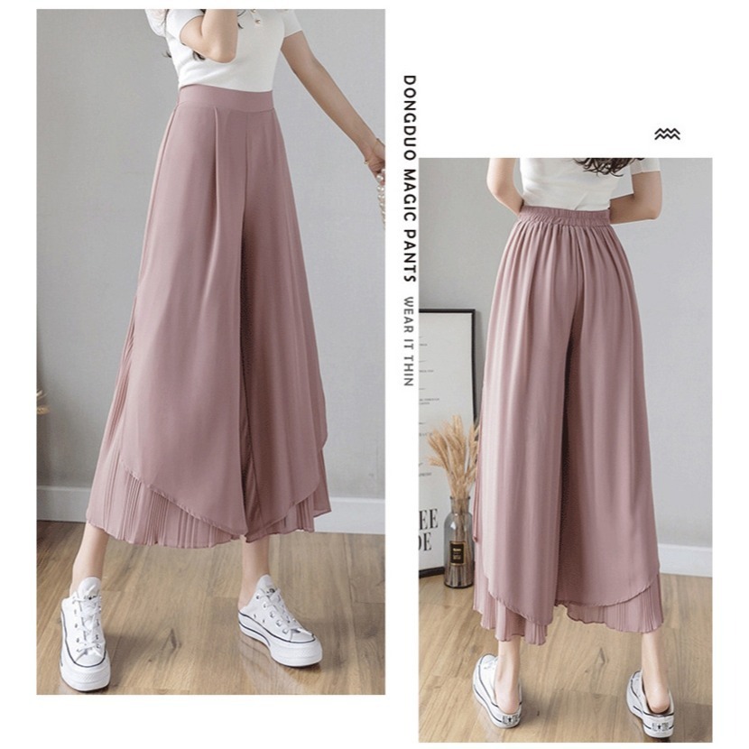 【許願花園】寬鬆百褶雪紡褲裙 鬆緊腰闊腿褲 寬褲 長褲-細節圖7