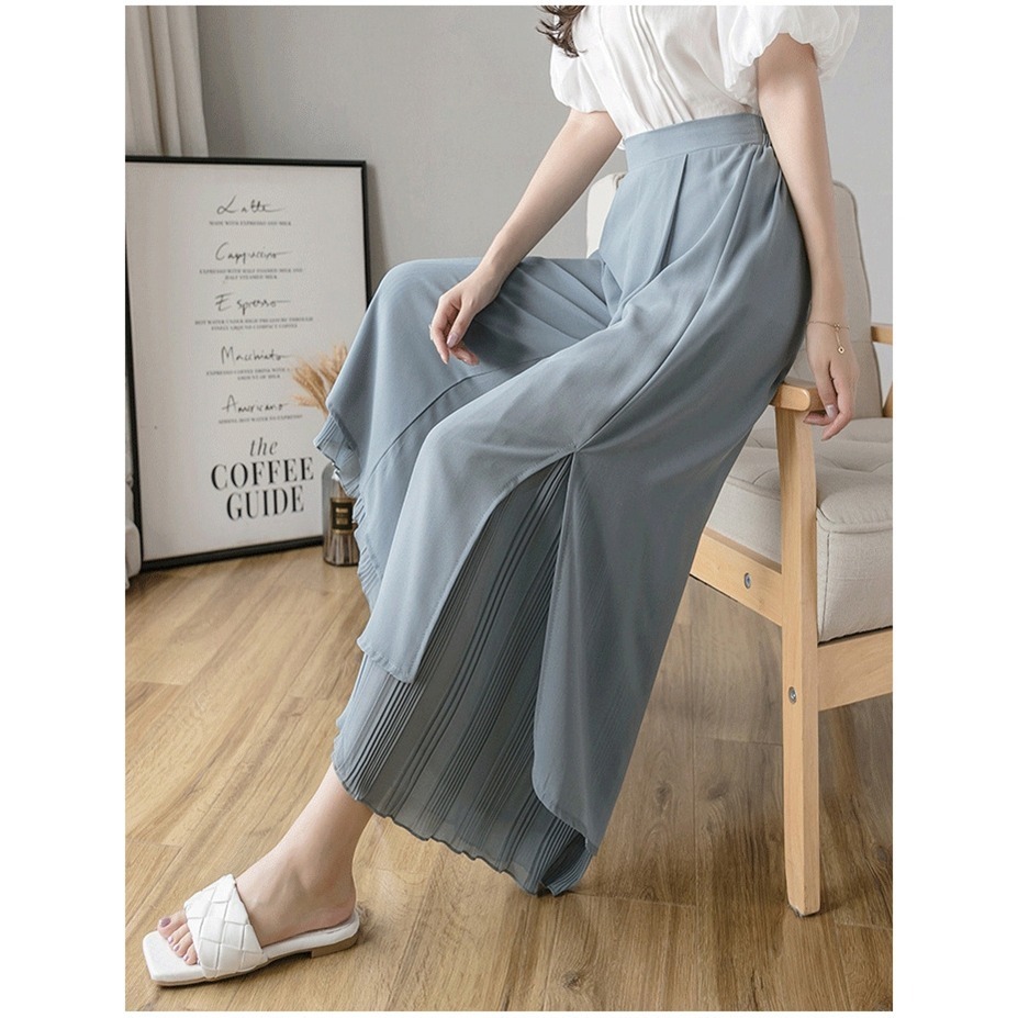 【許願花園】寬鬆百褶雪紡褲裙 鬆緊腰闊腿褲 寬褲 長褲-細節圖8
