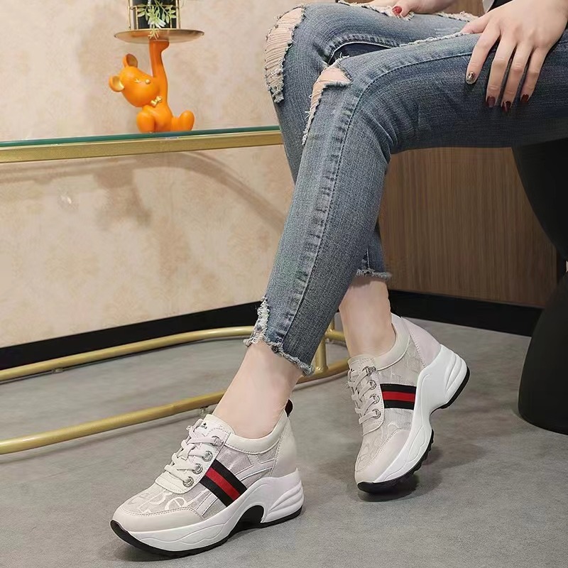 韓版 皮革 水鑽增高休閒鞋 網狀透氣 免綁帶 厚底休閒鞋 楔形鞋 輕量-細節圖4