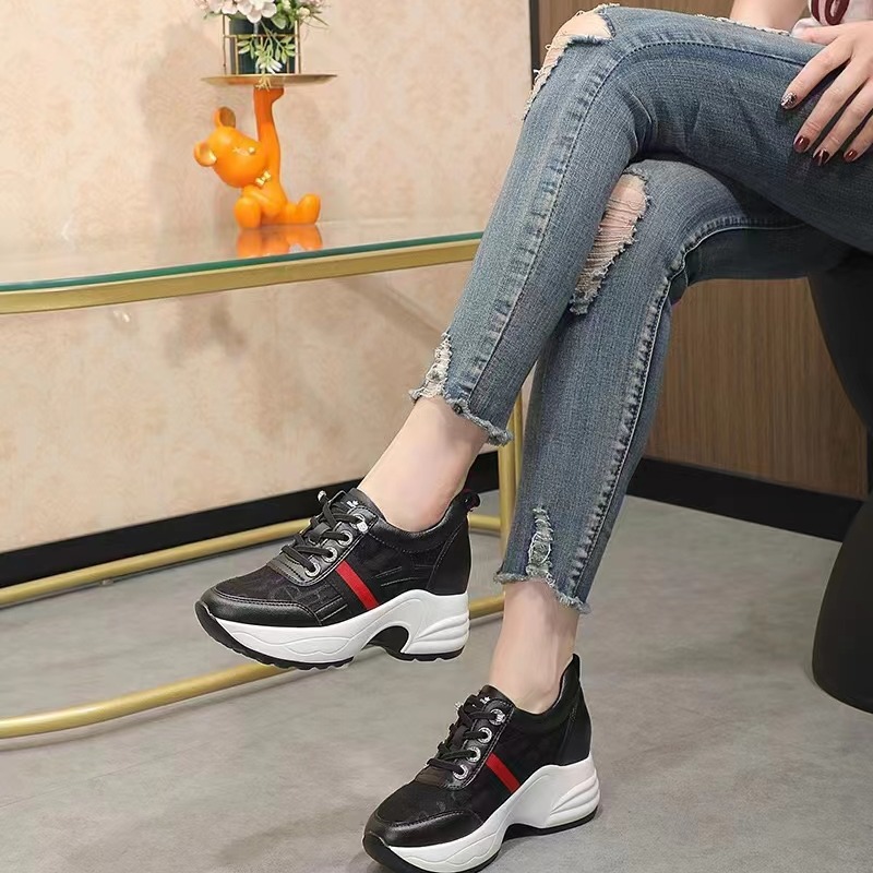 韓版 皮革 水鑽增高休閒鞋 網狀透氣 免綁帶 厚底休閒鞋 楔形鞋 輕量-細節圖5