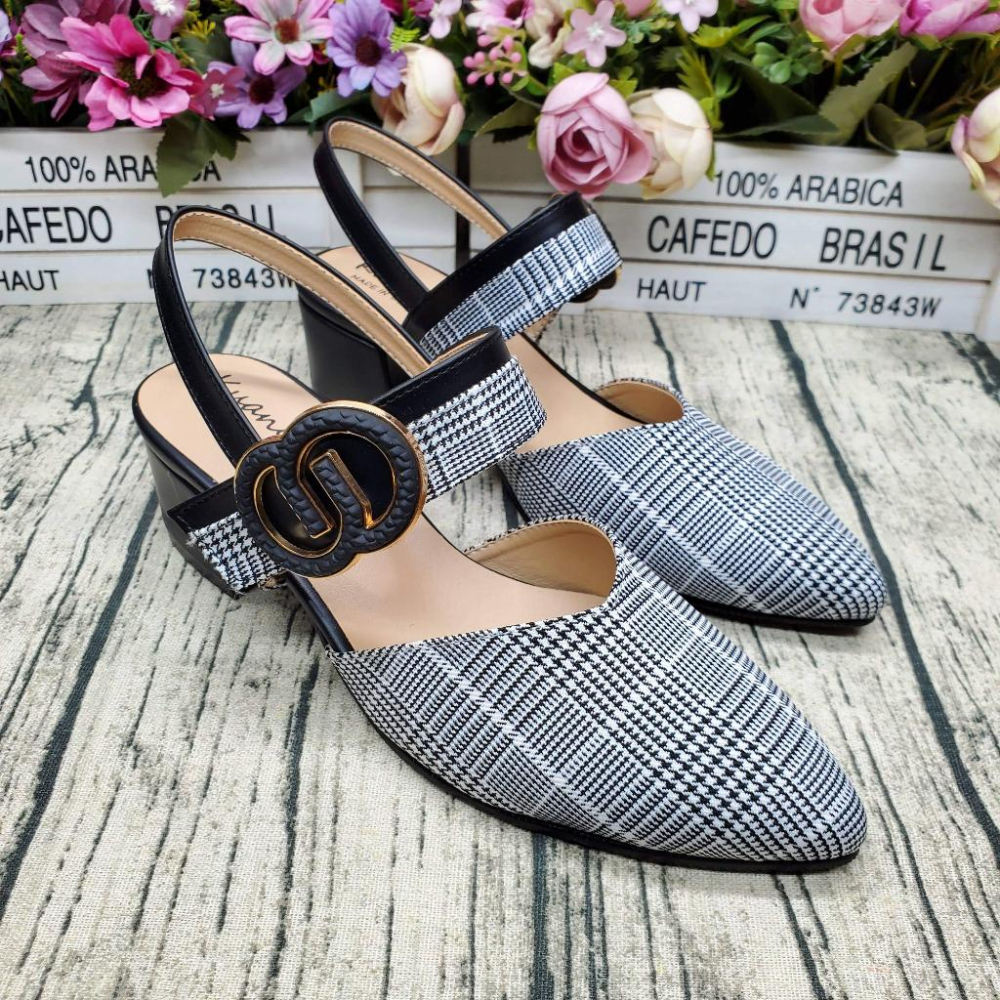 MIT製 尖頭低跟包鞋 瑪莉珍鞋 復古尖頭包鞋 千鳥格紋 粗跟涼鞋 尖頭鞋 宴會 伴娘鞋-細節圖2
