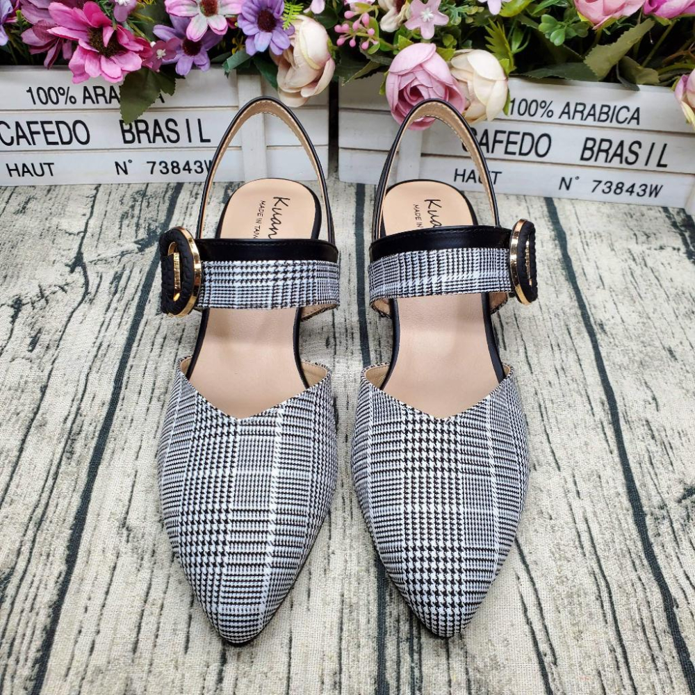 MIT製 尖頭低跟包鞋 瑪莉珍鞋 復古尖頭包鞋 千鳥格紋 粗跟涼鞋 尖頭鞋 宴會 伴娘鞋-細節圖3