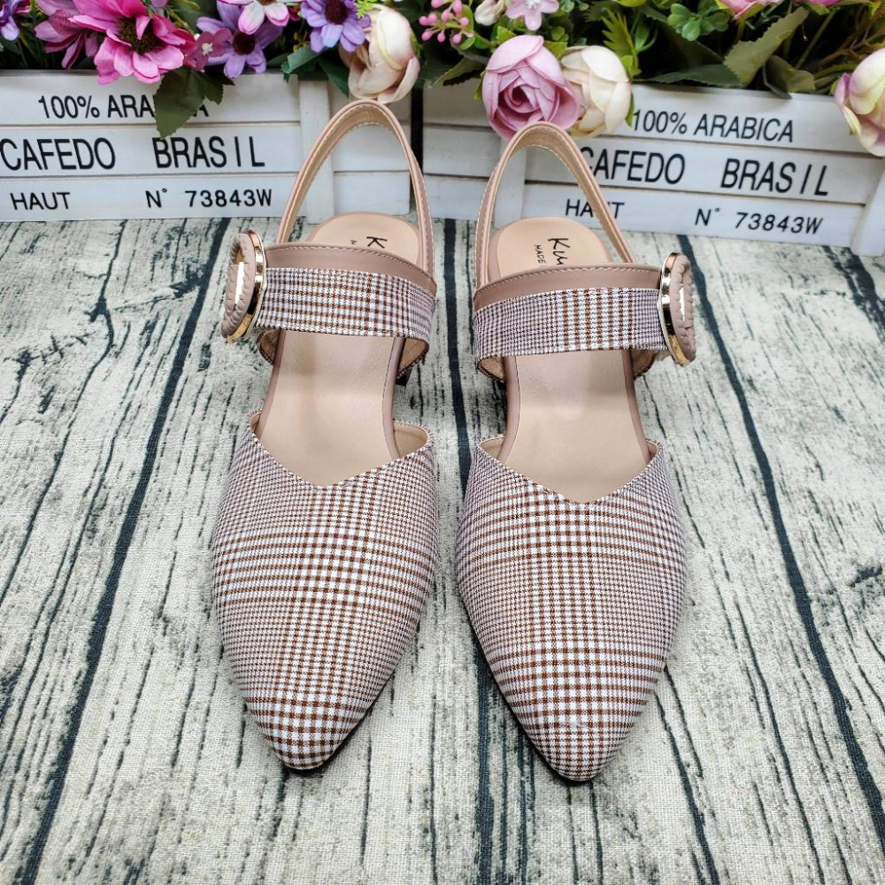 MIT製 尖頭低跟包鞋 瑪莉珍鞋 復古尖頭包鞋 千鳥格紋 粗跟涼鞋 尖頭鞋 宴會 伴娘鞋-細節圖5