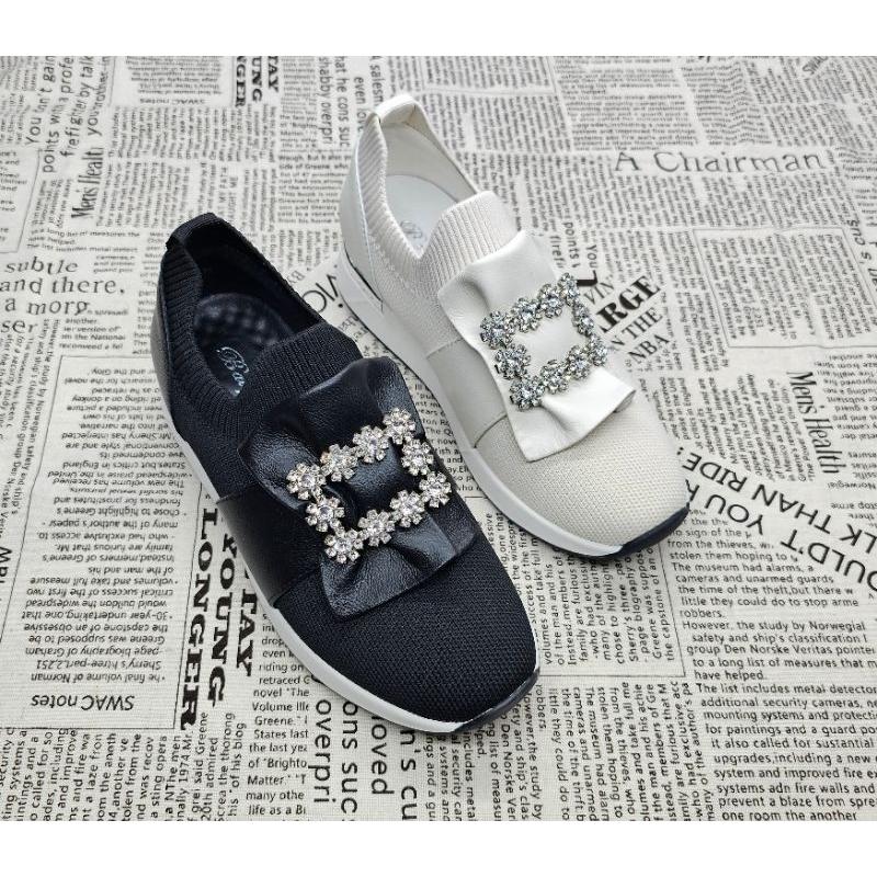 韓版 方釦水鑽休閒鞋 編織運動鞋 懶人鞋 厚底鞋-細節圖4