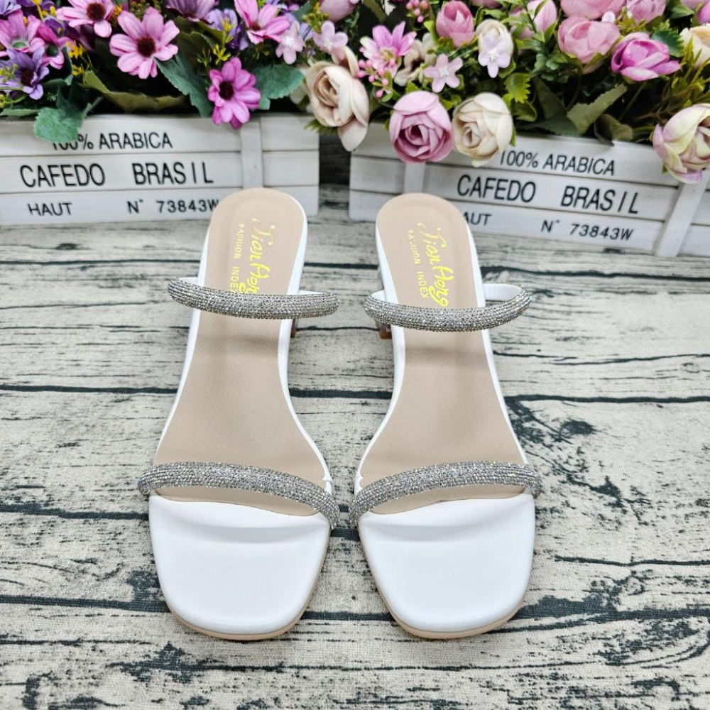 熱銷韓版 MIT製 水鑽高跟拖鞋 一字帶 透明鞋跟 女涼拖鞋 中跟拖鞋-細節圖2