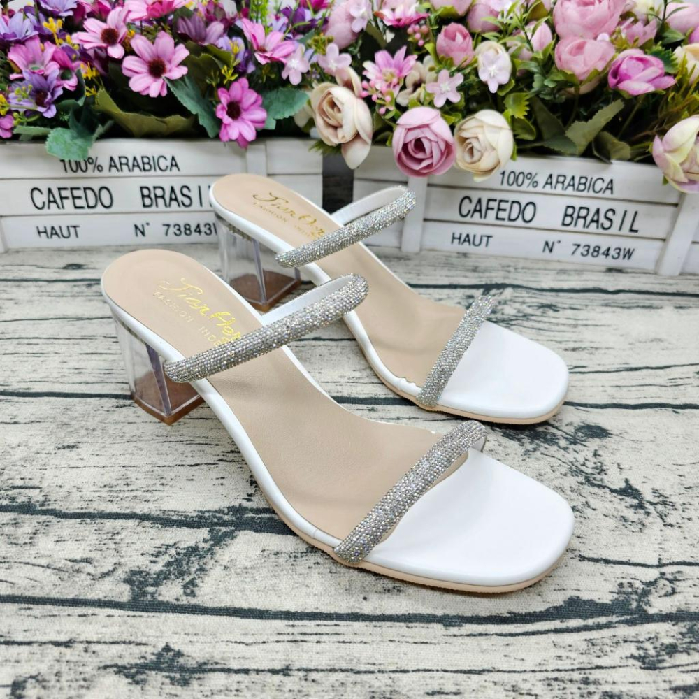 熱銷韓版 MIT製 水鑽高跟拖鞋 一字帶 透明鞋跟 女涼拖鞋 中跟拖鞋-細節圖3