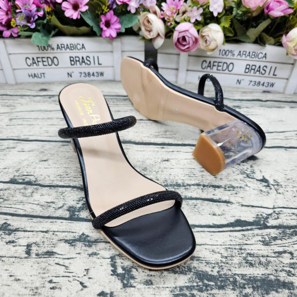 熱銷韓版 MIT製 水鑽高跟拖鞋 一字帶 透明鞋跟 女涼拖鞋 中跟拖鞋-細節圖5
