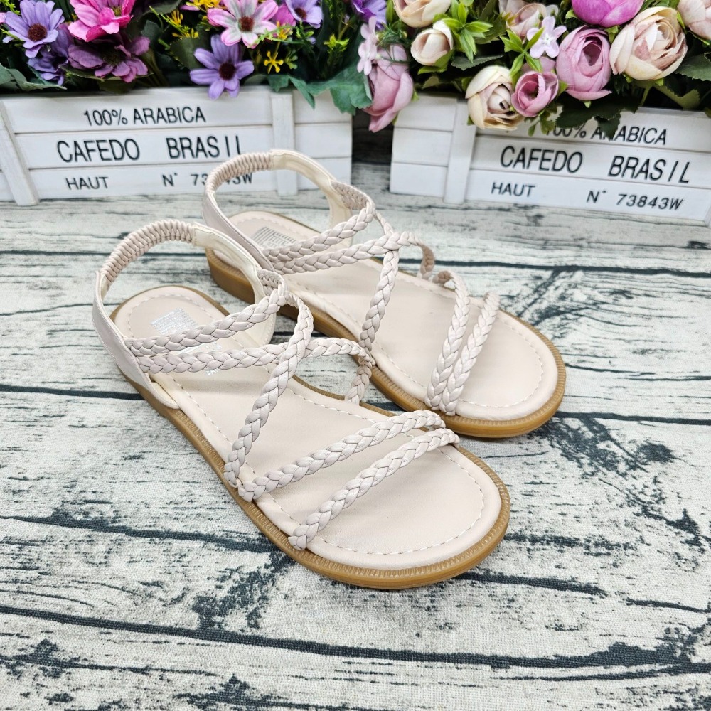 夏季必備🔝MIT製 細繩平底涼鞋 編織帶 鬆緊帶涼鞋 羅馬涼鞋 止滑 軟墊 女涼鞋-細節圖3