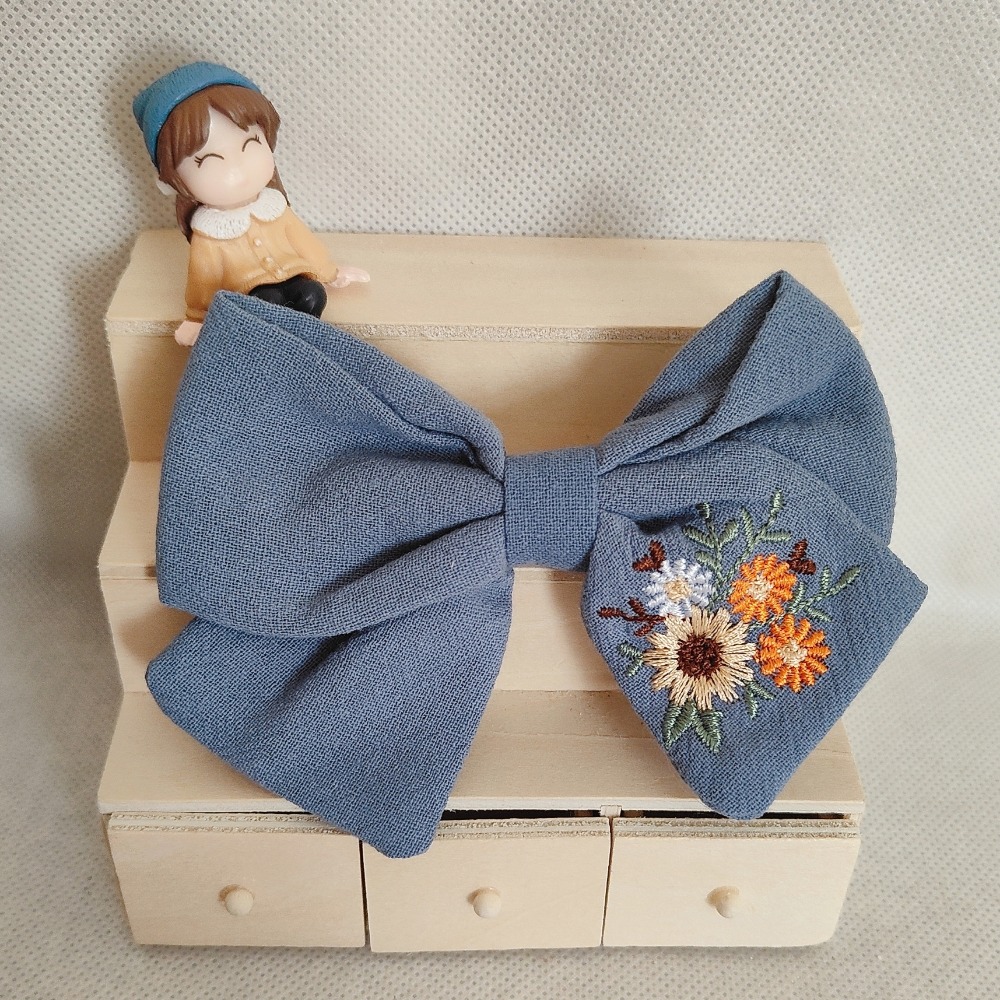 花朵刺繡蝴蝶結 瀏海夾 鴨嘴夾-細節圖3