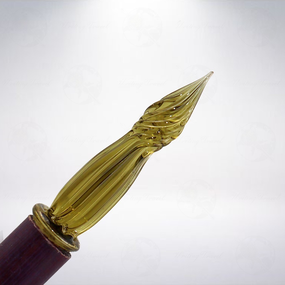 絕版! 日本 昭和時期古物 「葵」茶綠色特殊造型玻璃筆-細節圖2